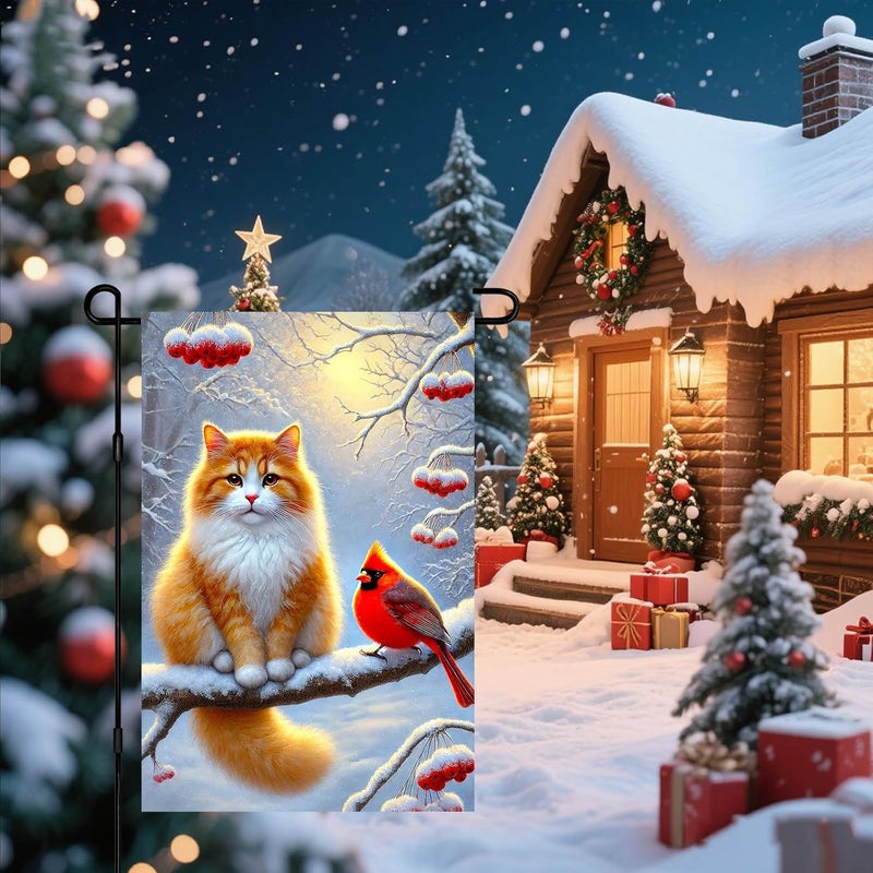 BlissYard Christmas Garden Flag 12x18 Inch Adorable Cat Winter Garden Flag Snowy Forest Scene Welcome Winter Flags Seasonal Outdoor Christmas Flags Yard Patio Home Décor - Image 4